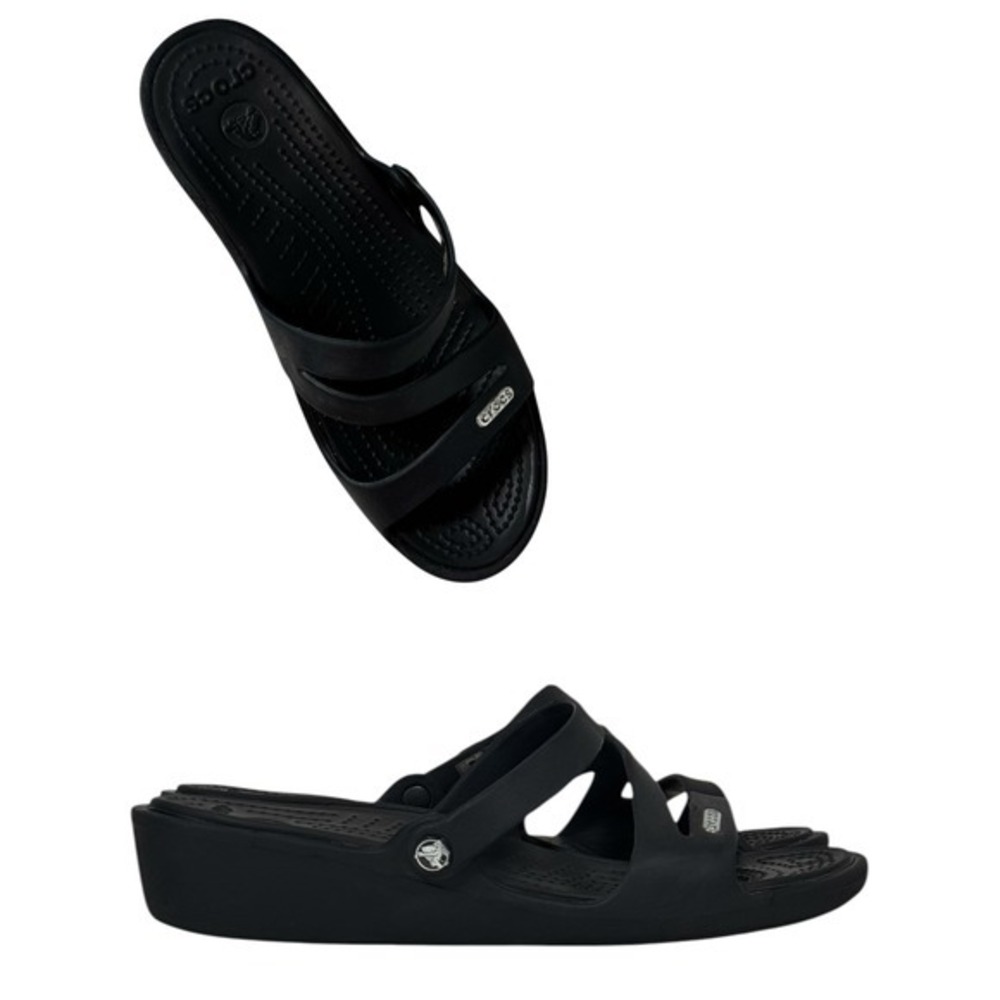 Crocs Patricia Black Multi Strap Wedge Sandals Womens Size 7 Slip On Slides